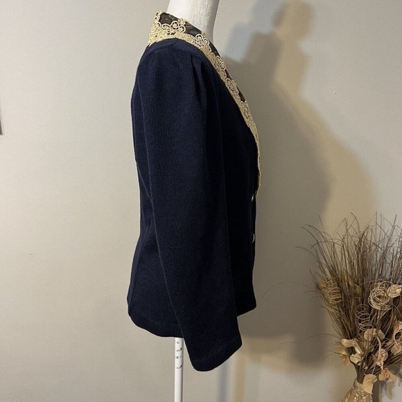 Vtg Jeffrey and Dara Women's Sz 9/10 Blue and Paisley Blazer Jacket Lace Collar - Picture 2 of 12